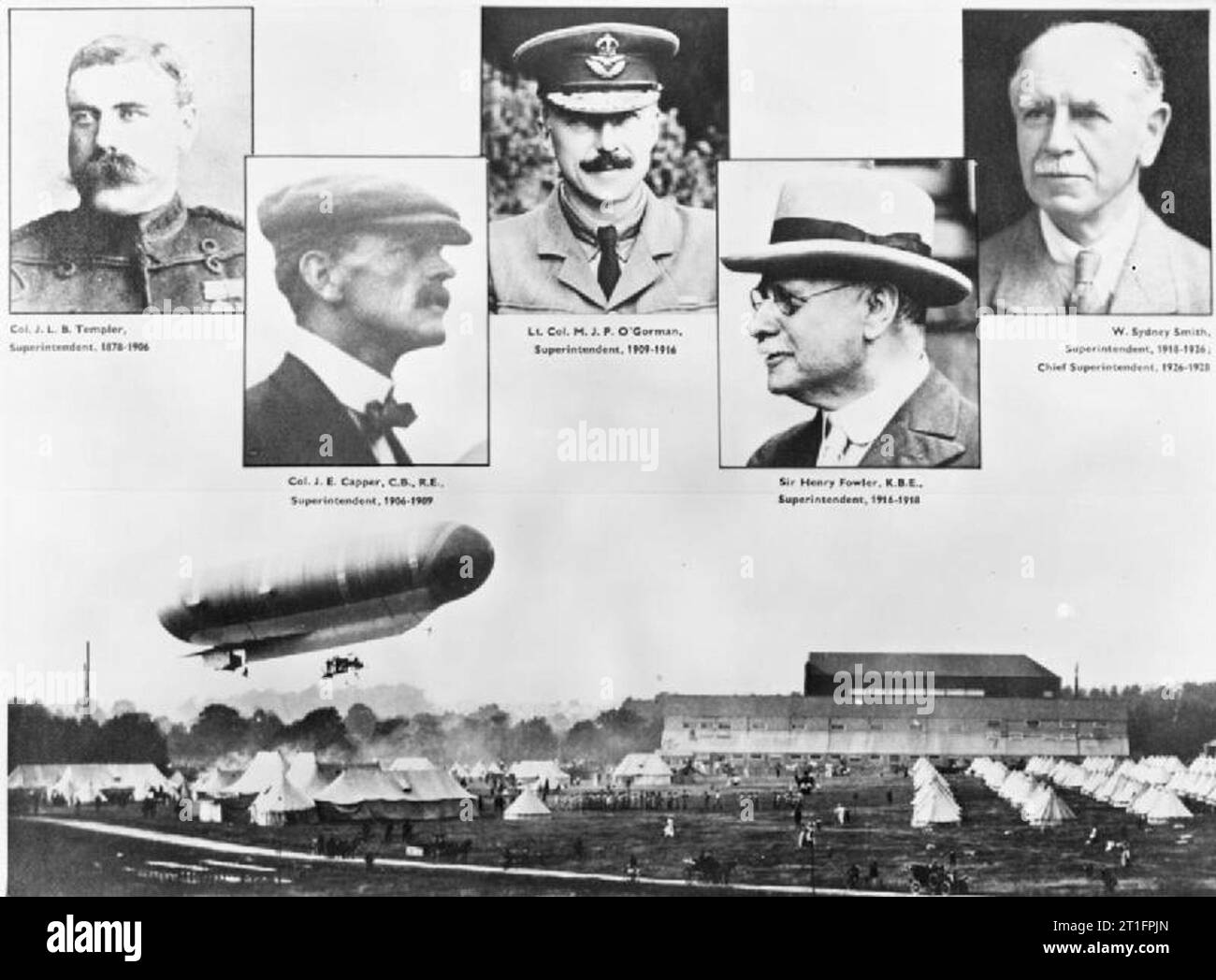 The work of Samuel Franklin Cody in Airship, Kite and Aircraft Aeronautics 1903 - 1913 in England. A postcard with head and shoulders portraits of the first five Superintendents at Farnborough (Col Templer, Col Capper, Lt Col O'Gorman, Sir Henry Fowler and W Sydney Smith). These portraits are superimposed on top of another image showing the army airship Nulli Secundus I flying over an army camp in front of the balloon sheds at Farnborough during its first flight. It was in this airship that Cody and Colonel Capper of the Balloon School at Aldershot made their record breaking flight from Farnbo Stock Photo