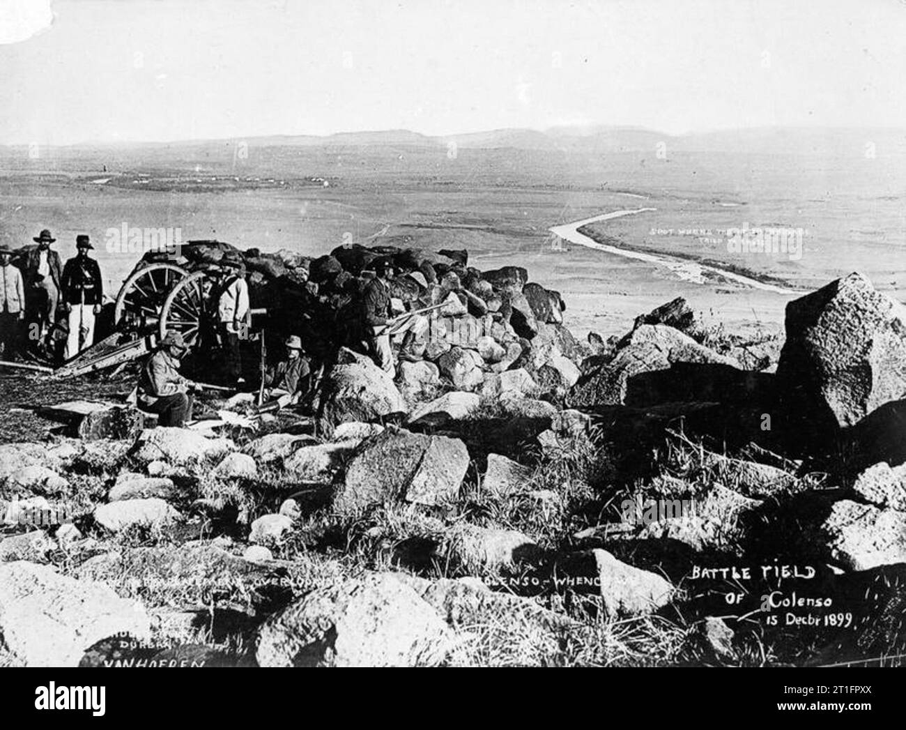 The Second Boer War, 1899-1902 The gun position of the Royal Field Artillery captured by the Boer commando overlooking the River Tugela from the Rooiberg after the Battle of Colenso. For trying to save the gun emplacement from capture by the enemy, Lieutenant Frederick Roberts was awarded the Victoria Cross. Stock Photo