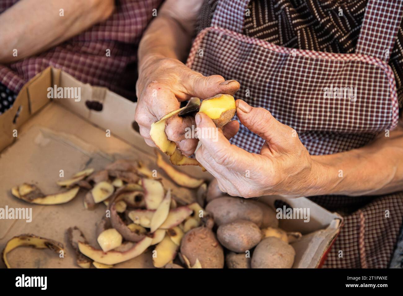 Elderly woman's hands doing domestic work of peeling potatoes. Aged