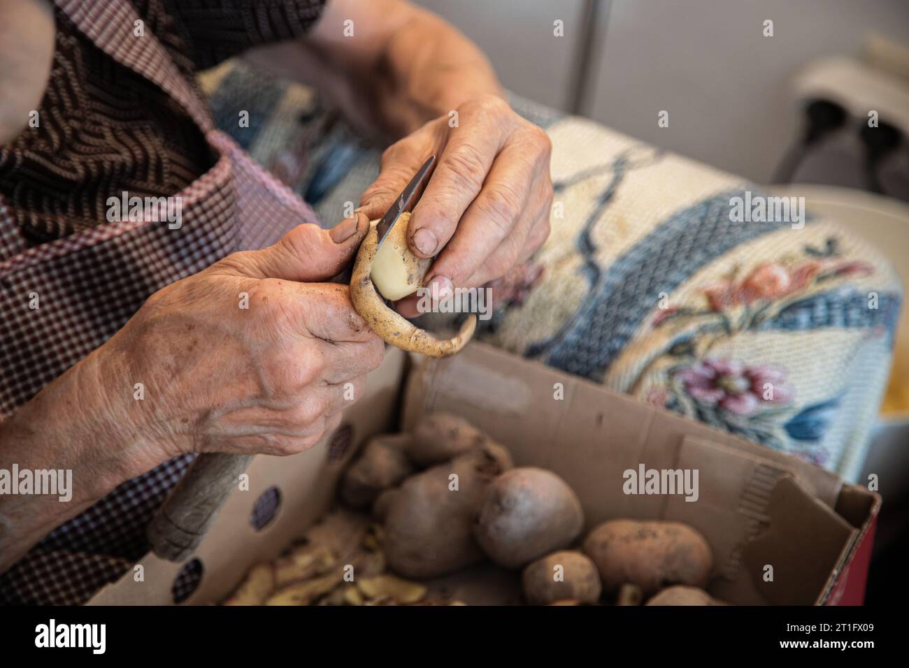 Elderly woman's hands doing domestic work of peeling potatoes. Aged