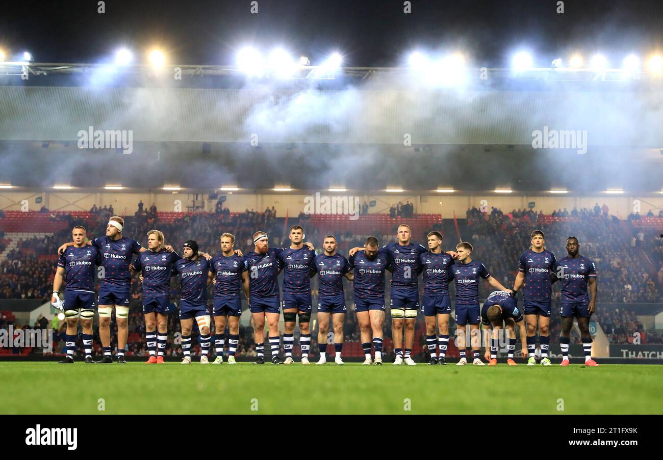 Bristol Bears line up prior to the Gallagher Premiership match at Ashton Gate, Bristol. Picture date: Friday October 13, 2023. Stock Photo