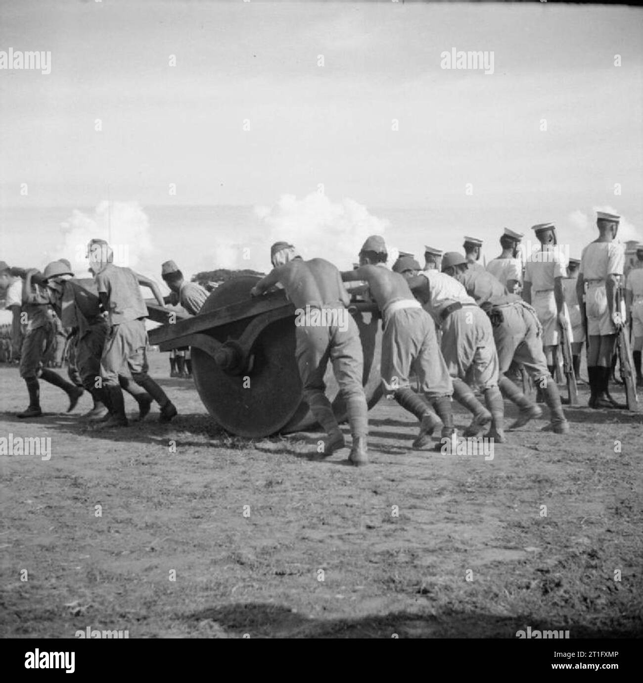 The British Reoccupation of Singapore Japanese prisoners of war rolling the padang, the grass area in front of the Municipal Building in Singapore, whilst Royal Navy ratings are on parade. Stock Photo