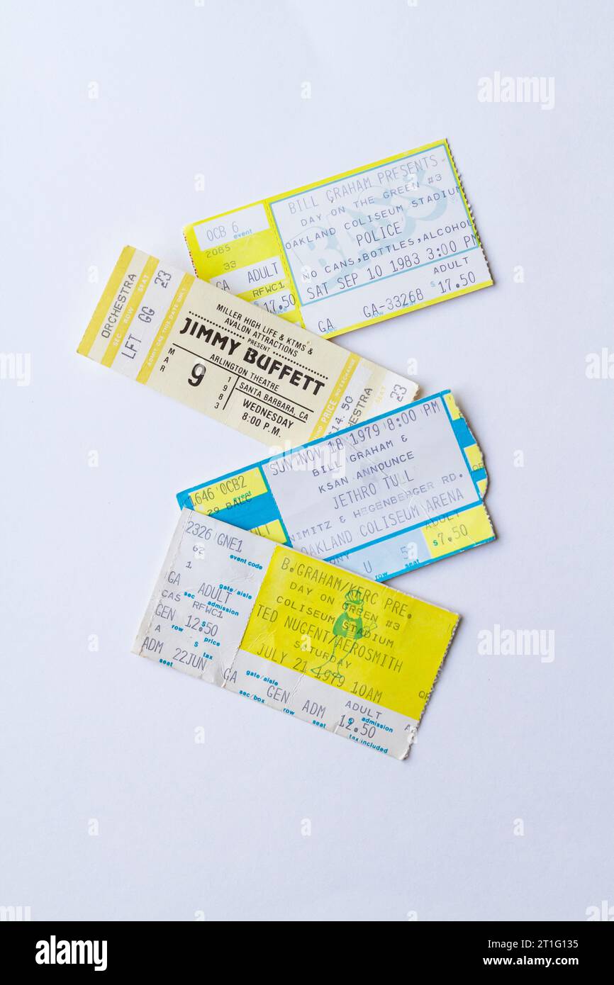 Concert tickets from popular bands in the late 1970s to early 1980s, showing prices, representing huge increases in ticket prices over the years. Stock Photo