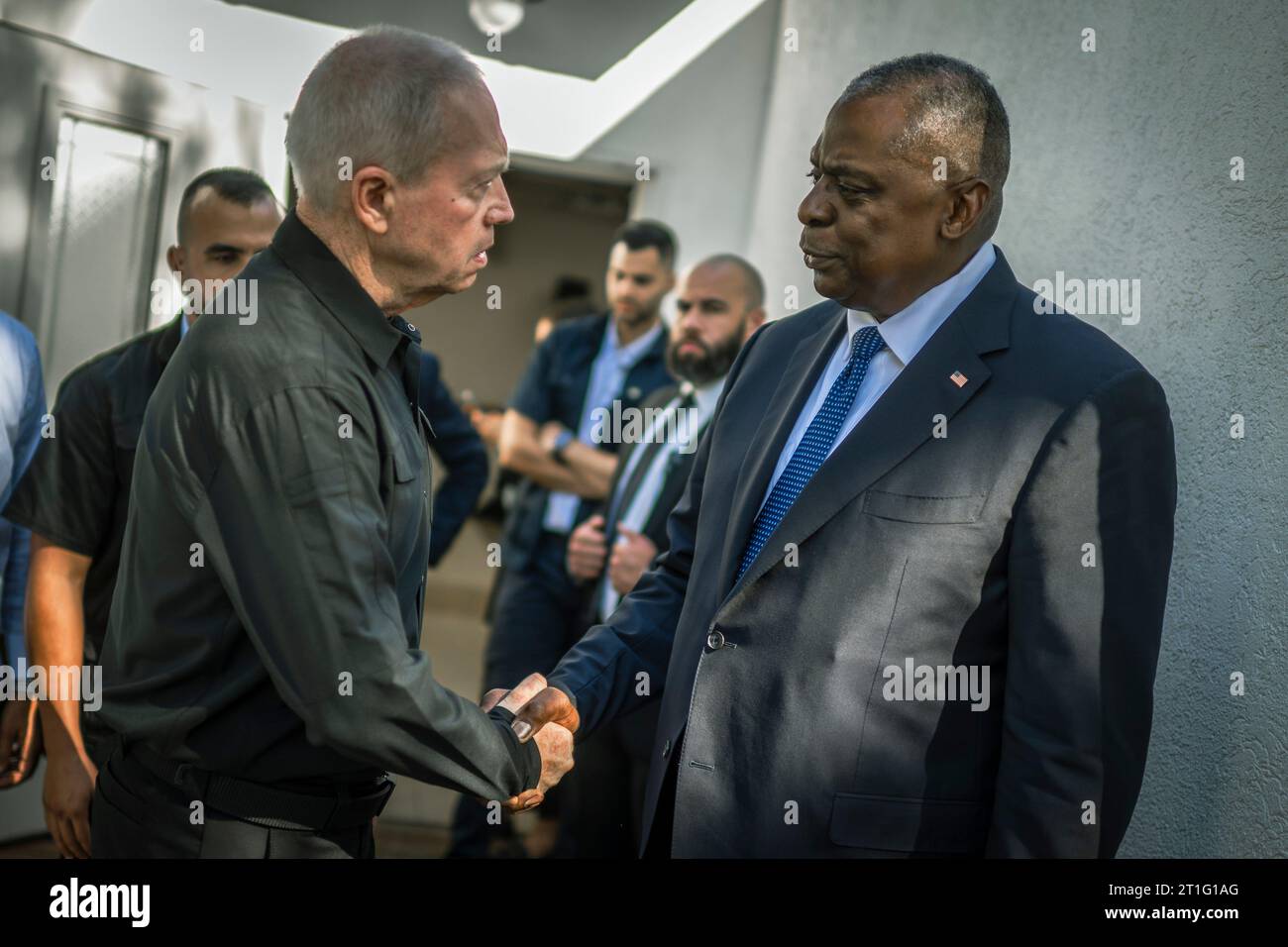 Tel Aviv, Israel. 13th Oct, 2023. U.S. Secretary of Defense Lloyd Austin, right, shakes hands with Israeli Minister of Defense Yoav Gallant, left, on arrival, October 13, 2023 in Tel Aviv, Israel. Austin met with Israeli leaders and assured them that “we have your back” following the brutal Hamas attacks that killed more than 1,000 Israeli civilians. Credit: Chad McNeeley/DOD Photo/Alamy Live News Stock Photo