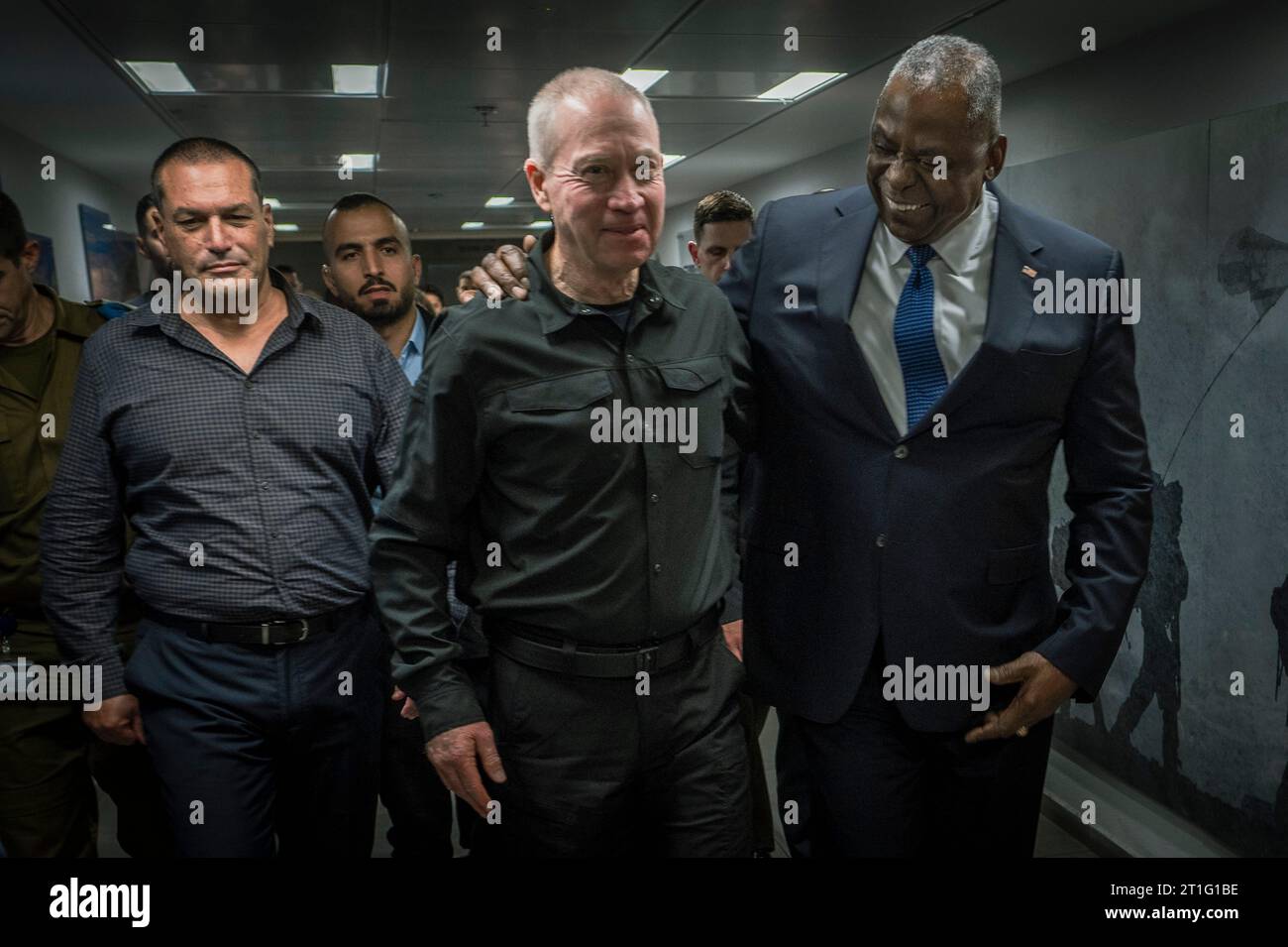 Tel Aviv, Israel. 13th Oct, 2023. U.S. Secretary of Defense Lloyd Austin, right, walks with Israeli Minister of Defense Yoav Gallant, left, on arrival, October 13, 2023 in Tel Aviv, Israel. Austin met with Israeli leaders and assured them that “we have your back” following the brutal Hamas attacks that killed more than 1,000 Israeli civilians. Credit: Chad McNeeley/DOD Photo/Alamy Live News Stock Photo