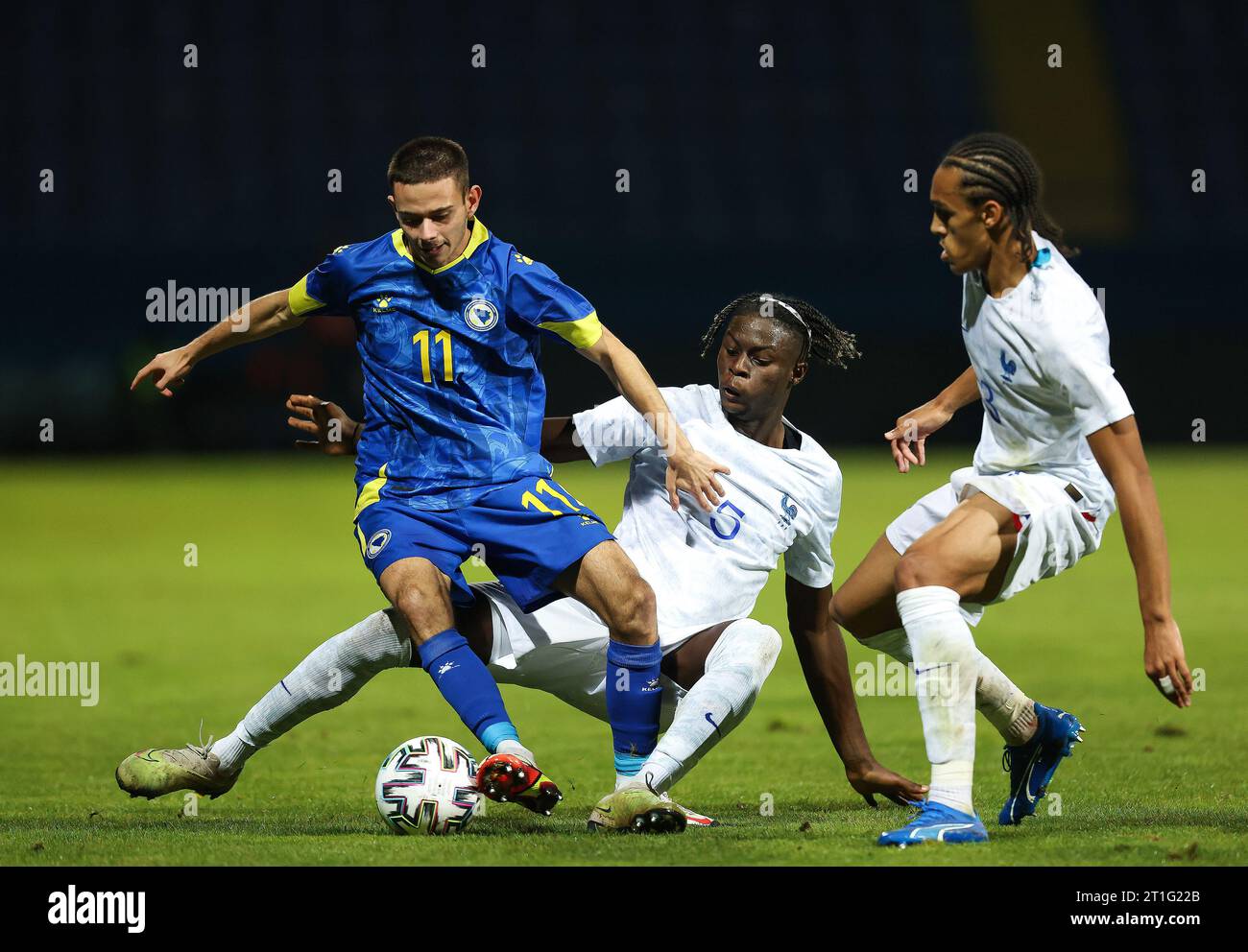 Sarajevo, Bosnia And Herzegovina. 13th Oct, 2023. David Cavic of BiH competes for the ball with Lesley Ugochukwu and Kiliann Sildillia of France during the U21 EURO Qualification Group H match between Bosnia and Herzegovina and France at Grbavica Stadium in Sarajevo, Bosnia and Herzegovina, on October 13, 2023. Photo: Armin Durgut/PIXSELL Credit: Pixsell/Alamy Live News Stock Photo