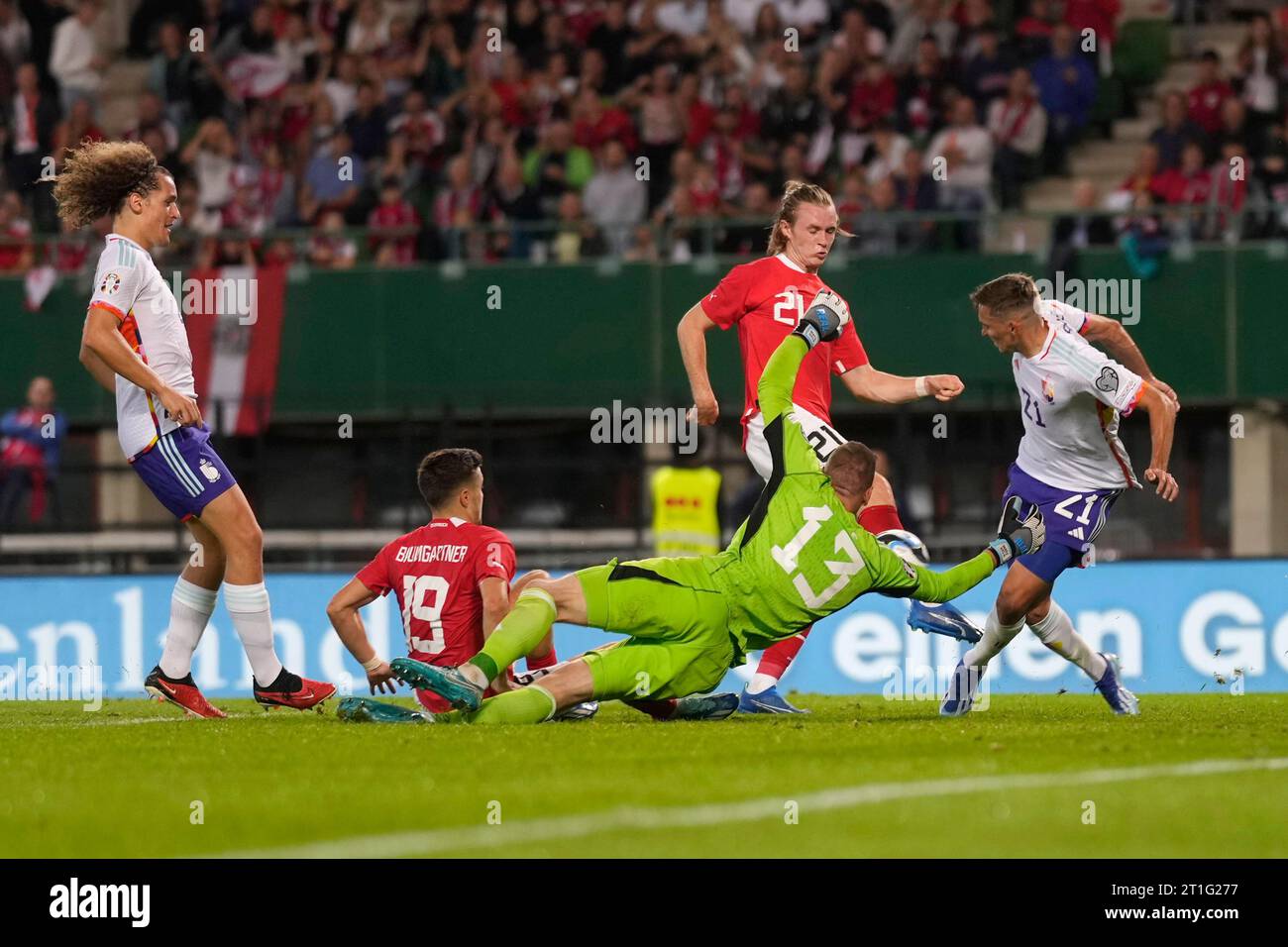 Belgium's goalkeeper Matz Sels, saves on a Austria's Patrick