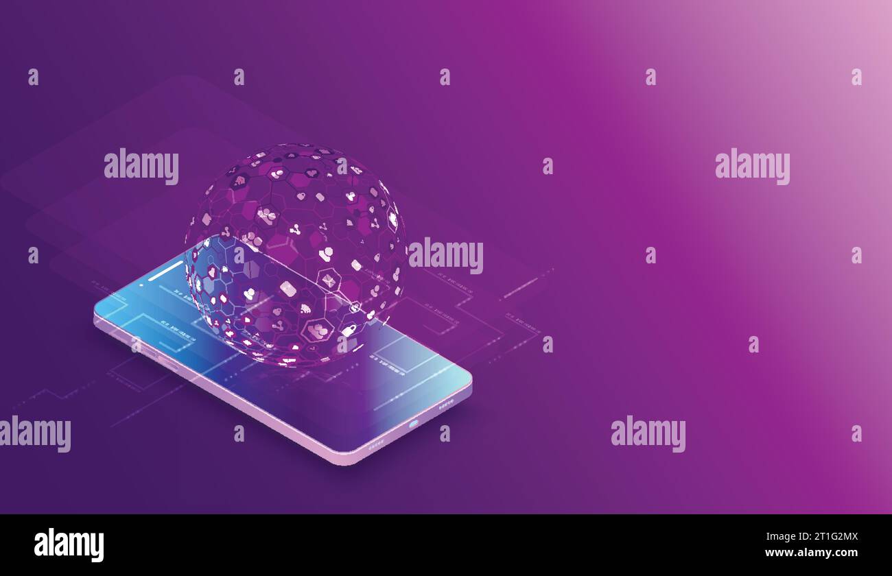 Isometric mobile phone. Вig data flow processing concept, cloud database. Abstract technology background. Vector illustration Stock Vector