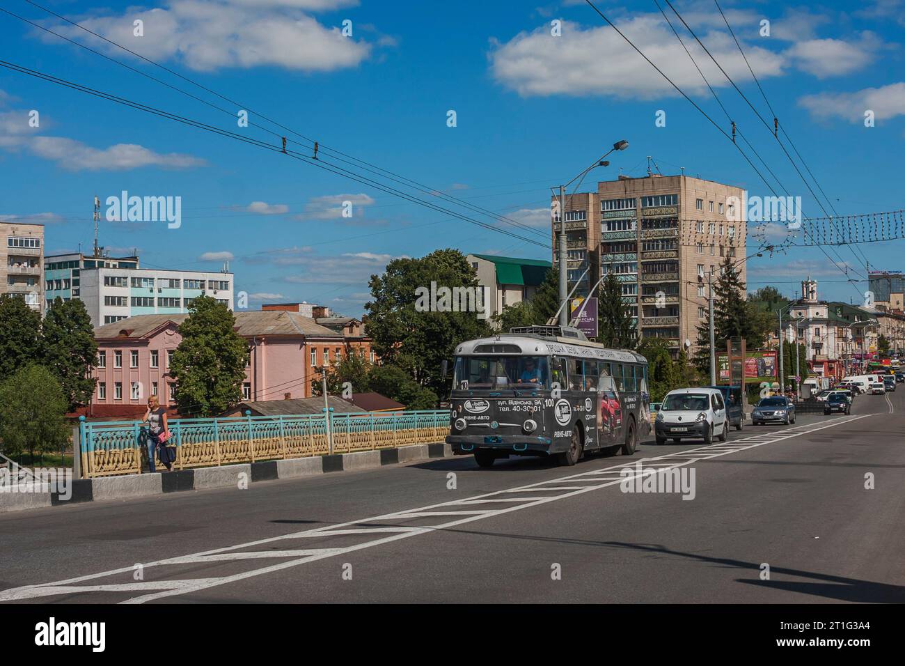 8.08.2017. Ukraine, Rivne, bridge over Soborna st. Amazing trolleybus Skoda 9tr. Stock Photo