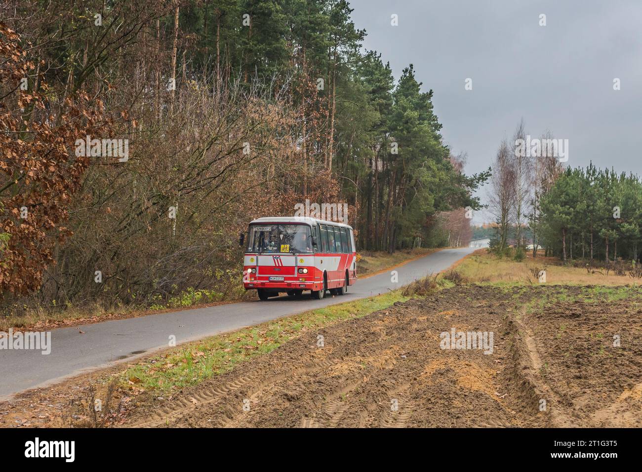 14.11.2018. Poland, Kazimierzów. Autosan H9 from PKS Skierniewice, depot in Rawa Mazowiecka as a schoolbus in Regnów municipality. Stock Photo