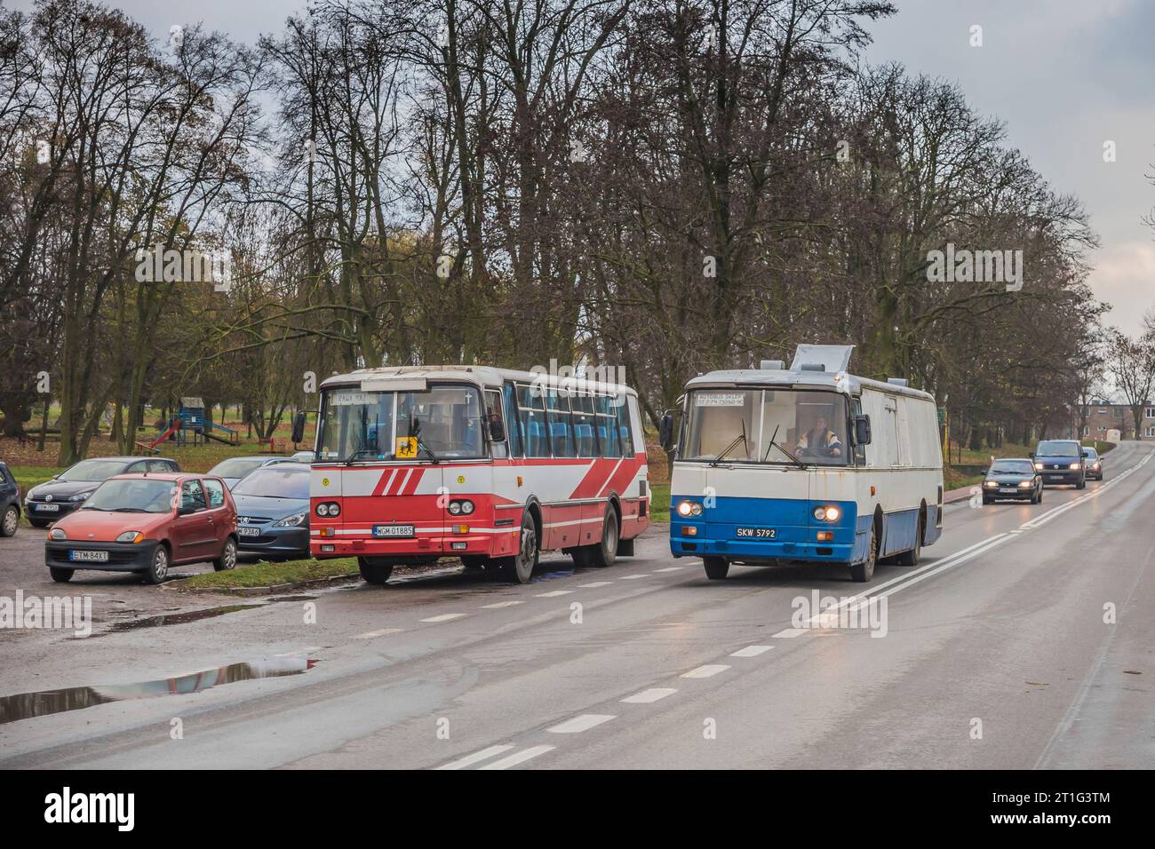 14.11.2018. Poland, Cielądz. Two Autosan H9. One from PKS Skierniewice, depot in Rawa Mazowiecka as a schoolbus. Second one is mobil shop. Stock Photo