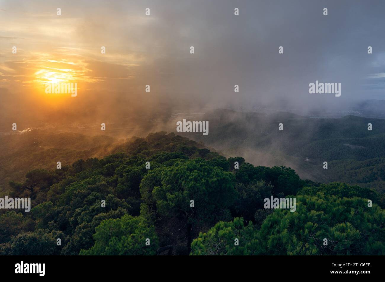 A sunset over the hills and misty forest Stock Photo
