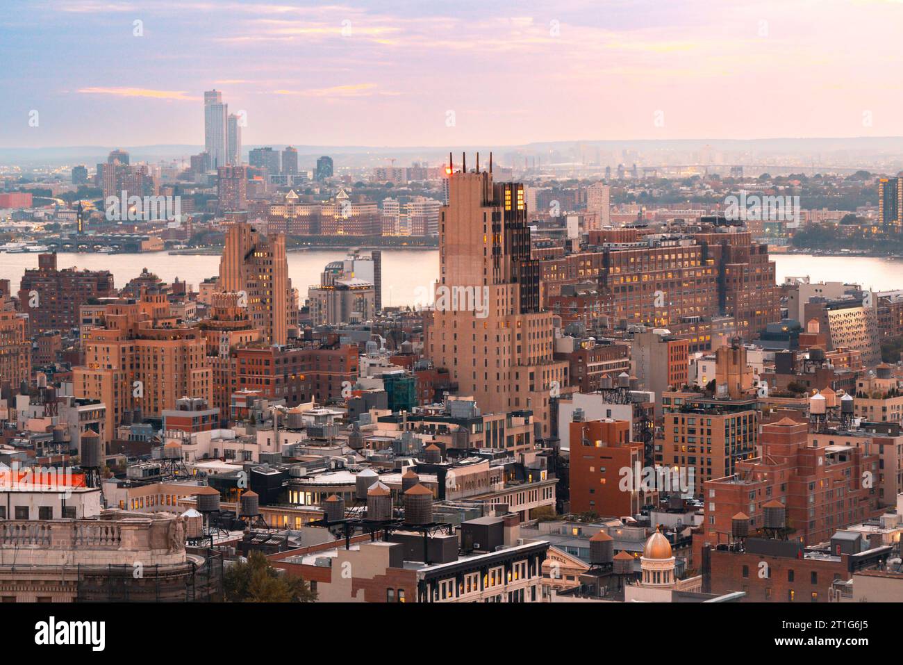 new york city, sunset, colorful, manhattan, new york, buildings, city, dusk, evening, exterior, hudson river, landmark, modern, new jersey, nyc, old, Stock Photo