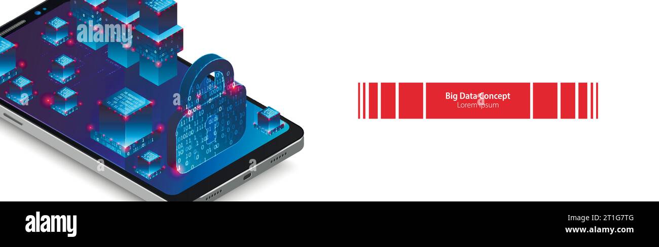 Isometric mobile phone. Ð’ig data flow processing concept, cloud database. Abstract technology background. Vector illustration Stock Vector
