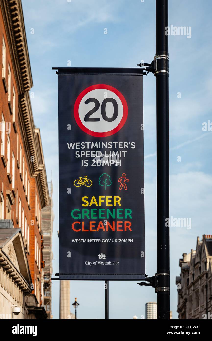 Flag with the new speed limit in Westminster: 20MPH for a better environment. Stock Photo