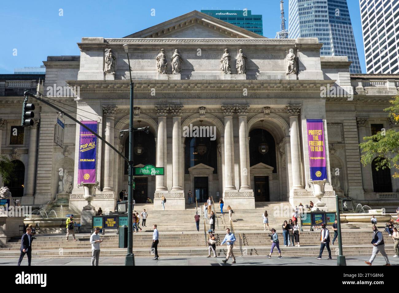 The New York Public Library with Banned Books banners hanging on the