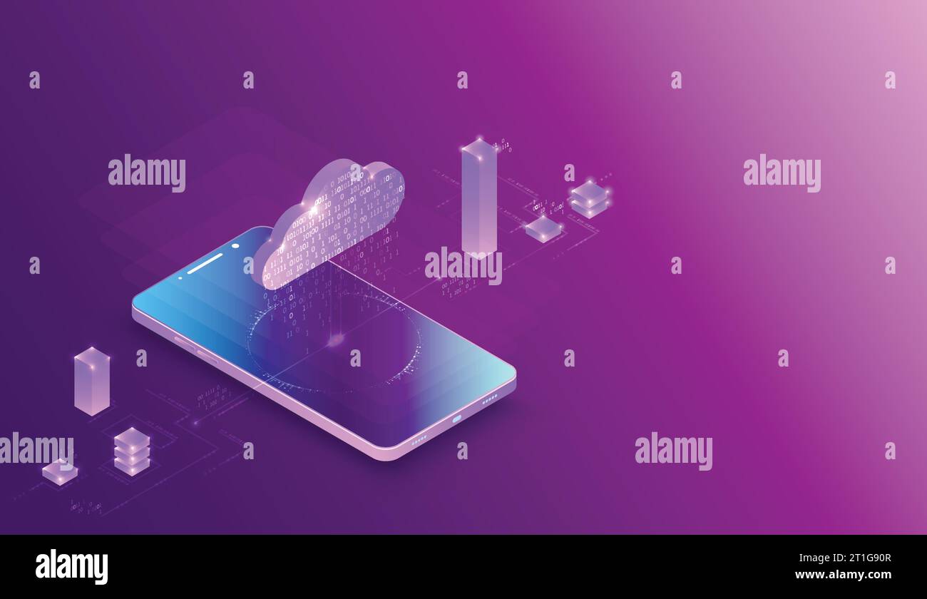 Isometric mobile phone. Ð’ig data flow processing concept, cloud database. Abstract technology background. Vector illustration Stock Vector