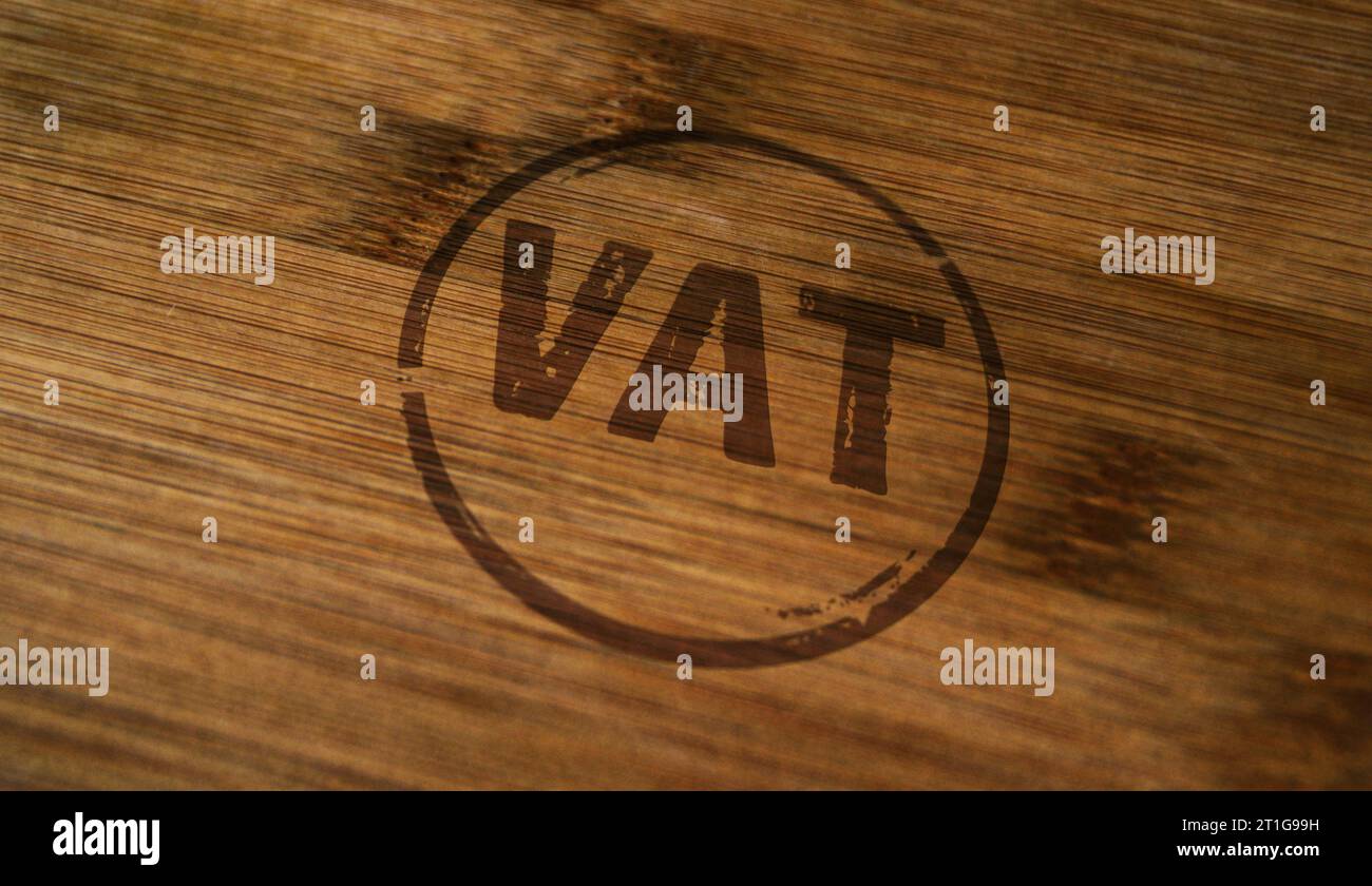 VAT stamp printed on wooden box. Valueadded tax and invoice payment