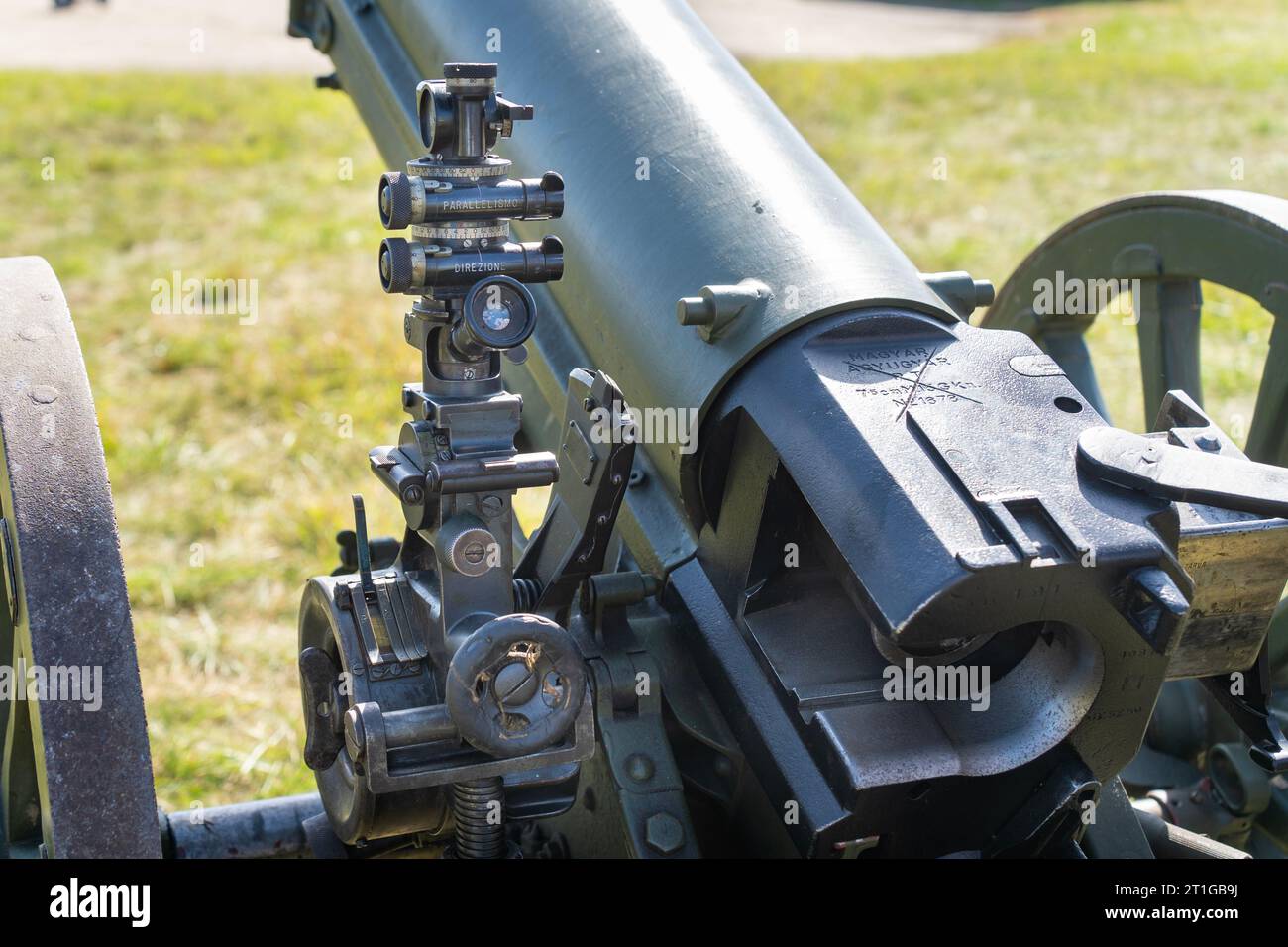 Old hungarian-made World War I Skoda 75 mm mountain cannon with aiming optics Stock Photo