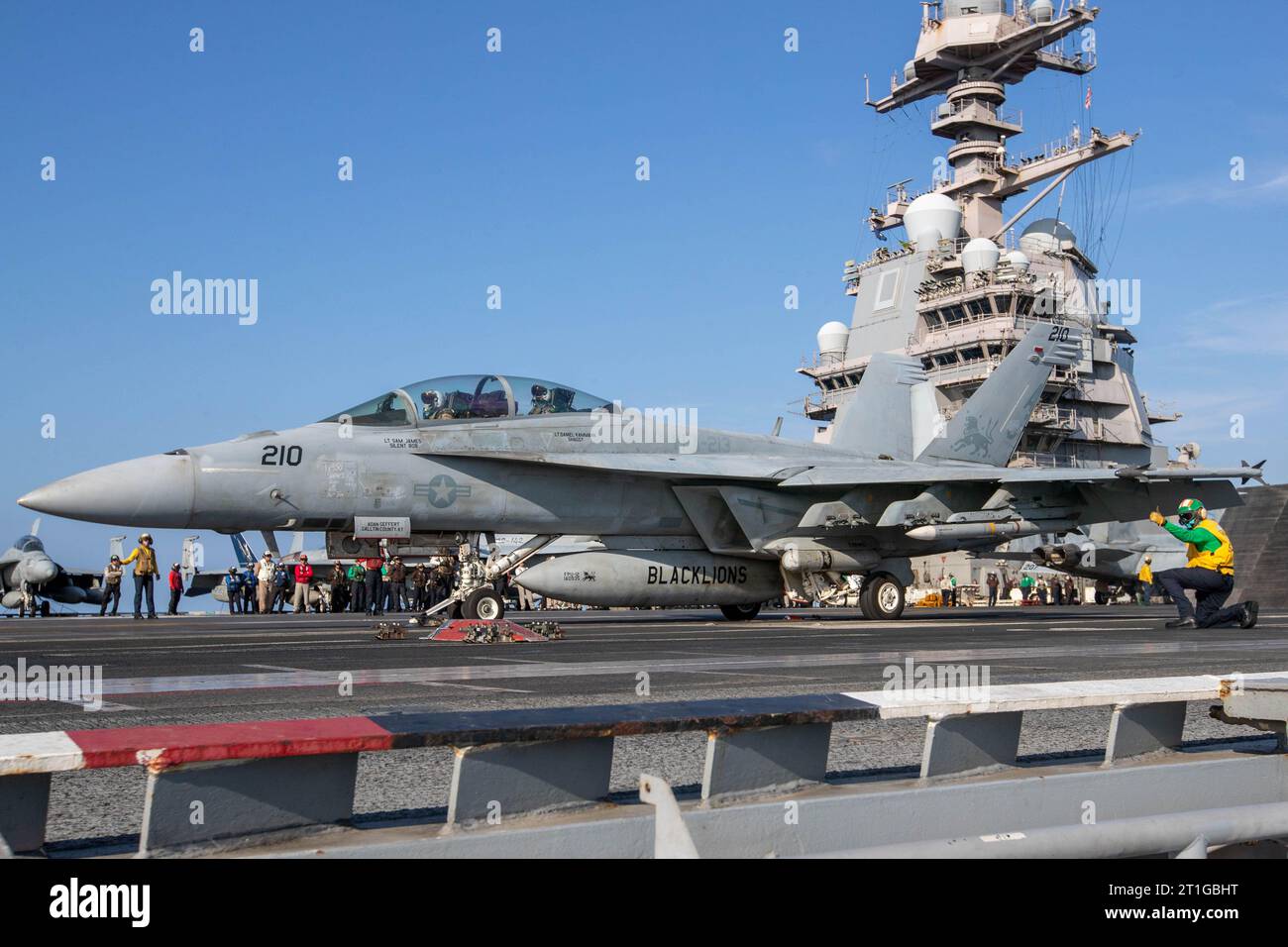 Mediterranean Sea. 11th Oct, 2023. An F/A-18F Super Hornet, attached to the Blacklions of Strike Fighter Squadron (VFA) 213, prepares to launch from the flight deck of the worlds largest aircraft carrier USS Gerald R. Ford (CVN 78) in the Eastern Mediterranean Sea, Oct. 11, 2023. Gerald R. Ford is the U.S. Navy's newest and most advanced aircraft carrier, representing a generational leap in the U.S. Navy's capacity to project power on a global scale. The Gerald R. Ford Carrier Strike Group is currently operating in the Eastern Mediterranean Sea, at the direction of the Secretary of Defense Stock Photo