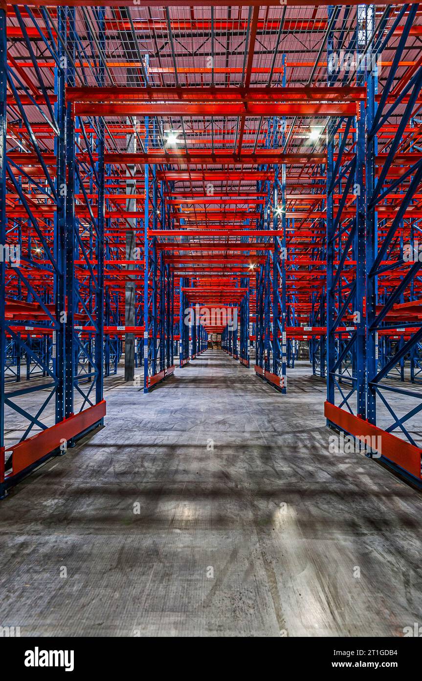 Interior of a large new commercial cold-storage (industrial refrigeration) freezer showing shelving and concrete floor. Stock Photo