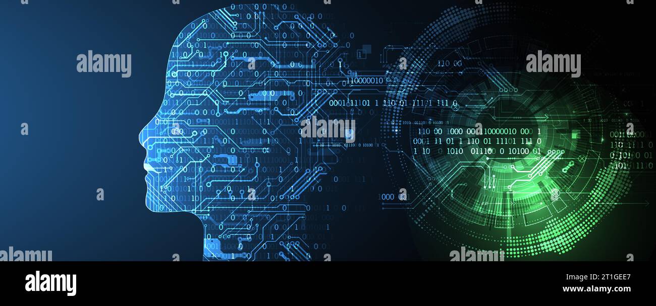 Artificial intelligence (AI) and big data concept. Machine cyber mind.  Humen face with binary data flow. Technology vector background. Stock Vector
