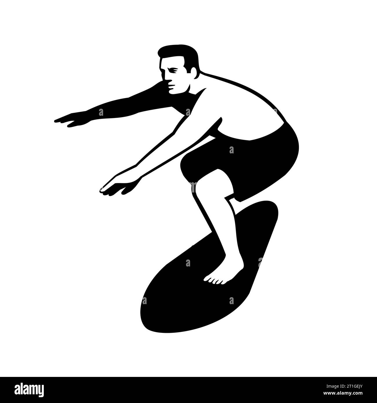 Retro style illustration of a male surfer on surf board surfing front view on isolated background done in black and white. Stock Photo