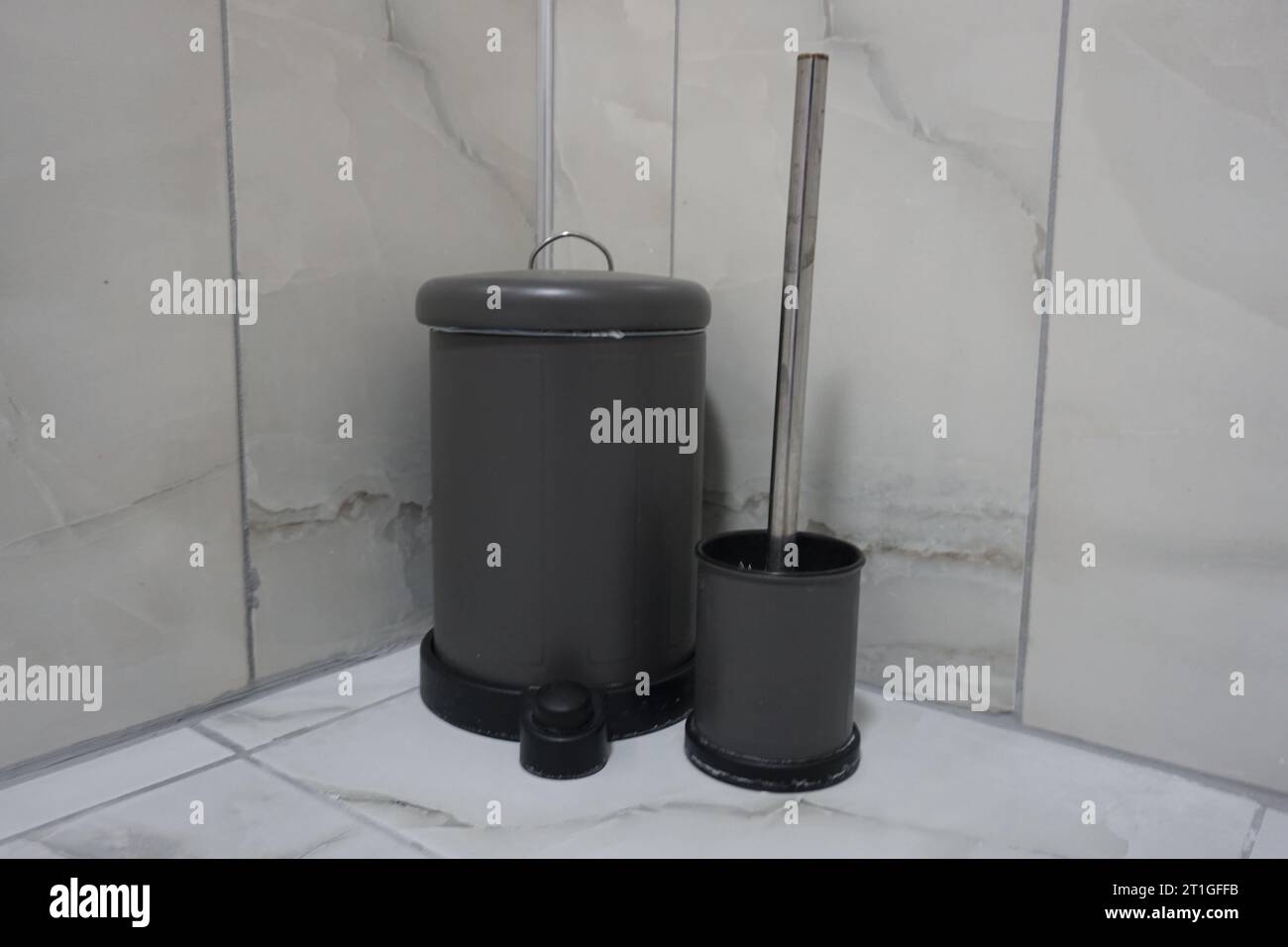 Toilet brush and trash can. Trash can and toilet brush standing next to