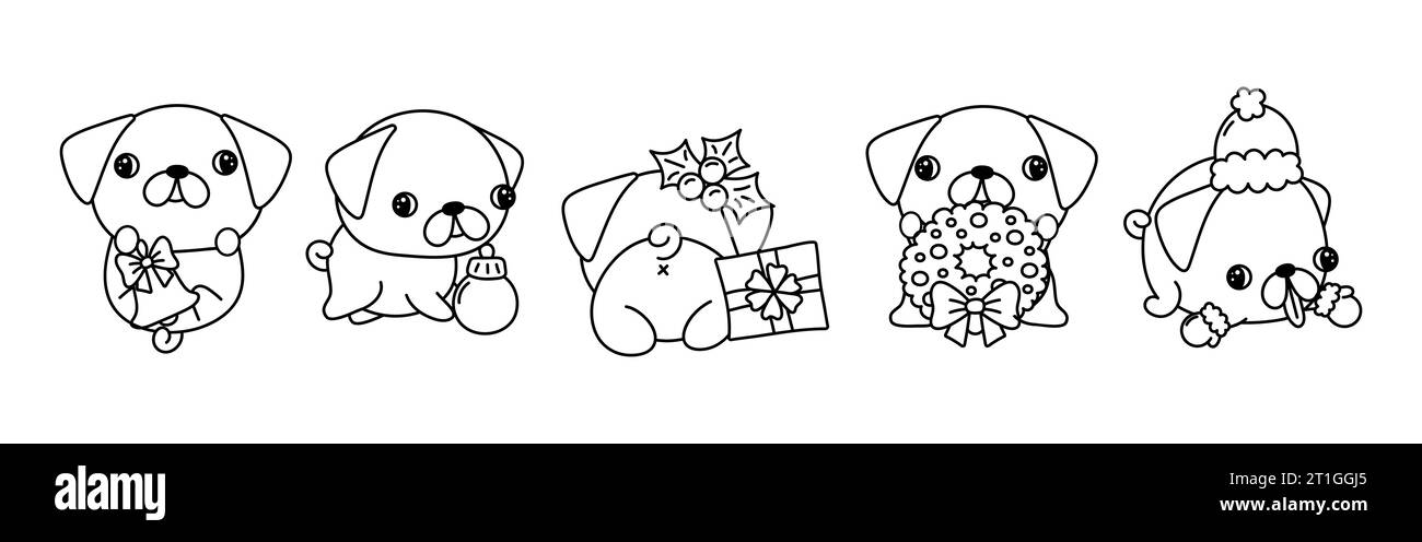 Set of Vector Christmas Pug Dog Coloring Page. Collection of Kawaii Isolated New Year Dog Outline Stock Vector