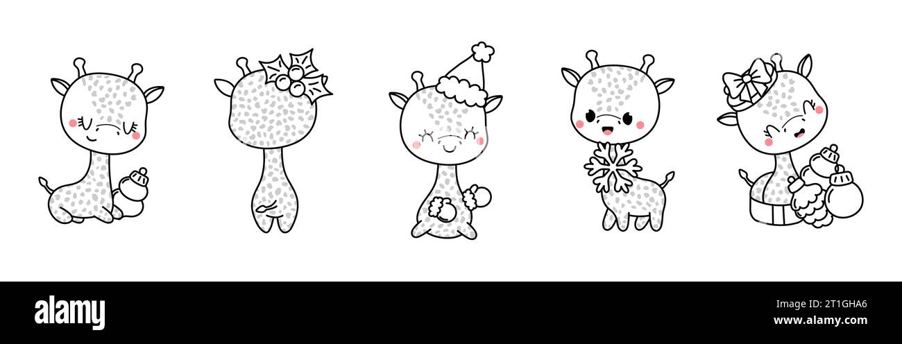 Set of Kawaii Christmas Giraffe Coloring Page. Collection of Cute Vector Christmas Animal Outline Stock Vector