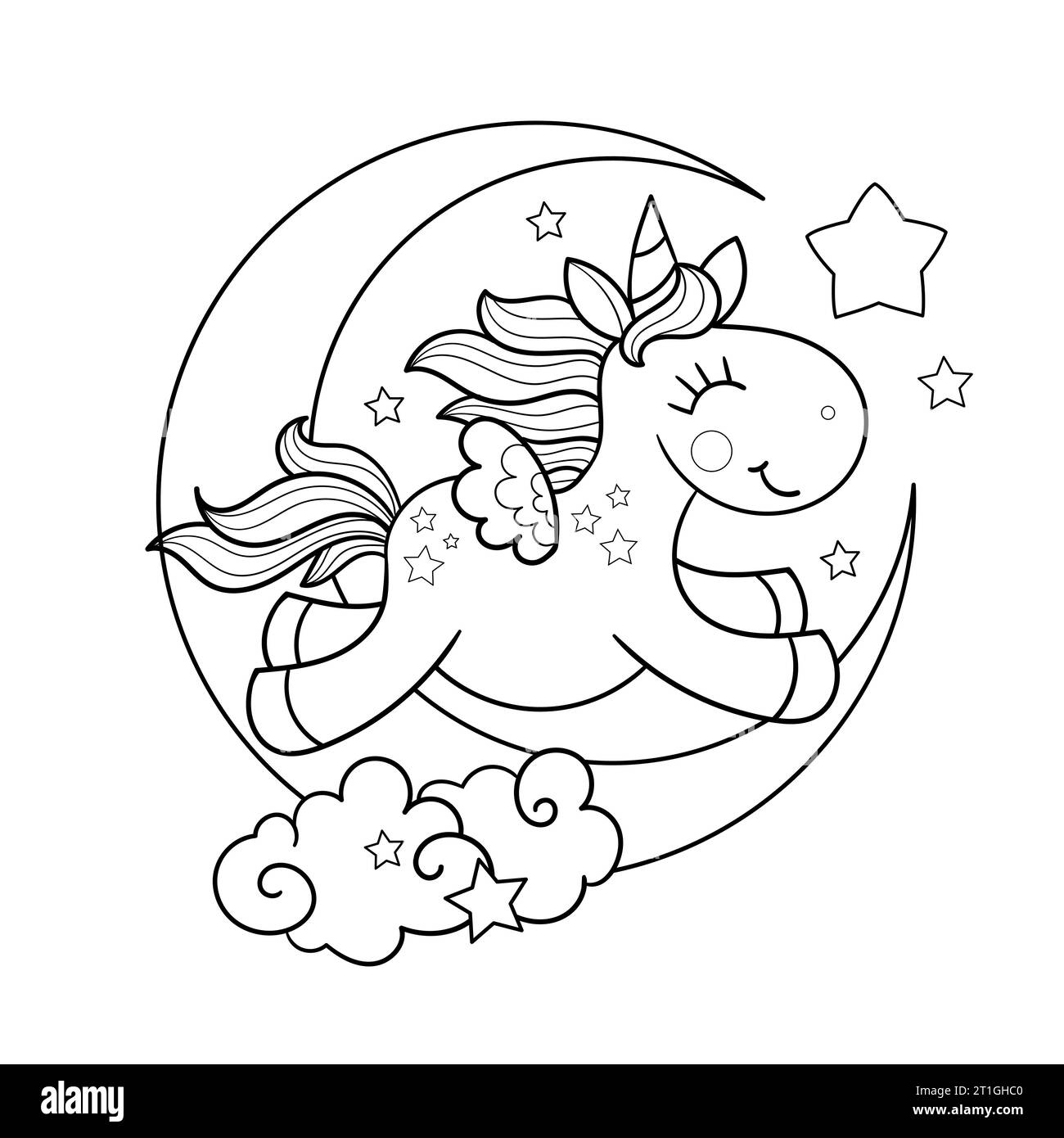 Cheerful unicorn and moon. Black and white linear drawing. Vector Stock Vector
