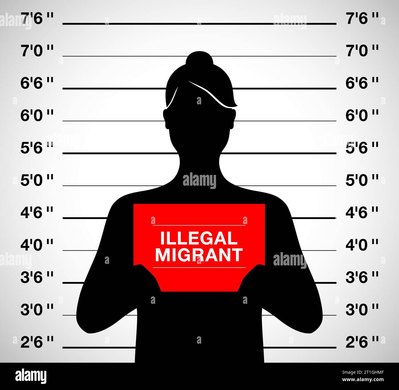 Illegal migrant woman standing on a mugshot photo shooting background, vector illustration. Stock Vector