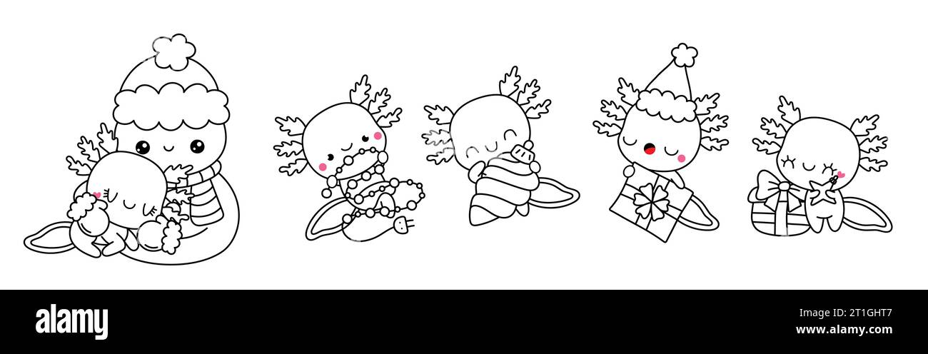 Collection of Vector Christmas Axolotl Outline. Set of Isolated Xmas ...