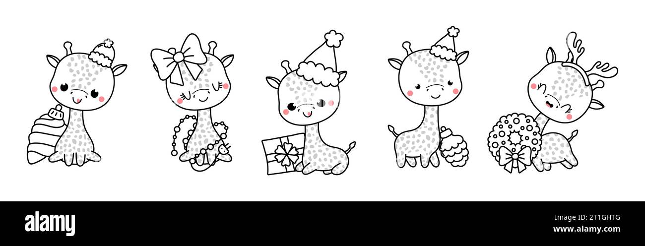 Collection of Vector Christmas Giraffe Outline. Set of Isolated Xmas Animal Coloring Page Stock Vector