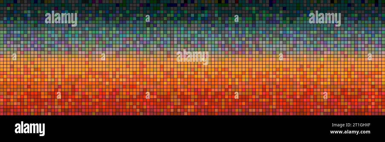 Sunset sky with a bright gradient in pixelart style with dithering. Abstract background with a pattern of multi-colored square pixels. Vector illustra Stock Vector