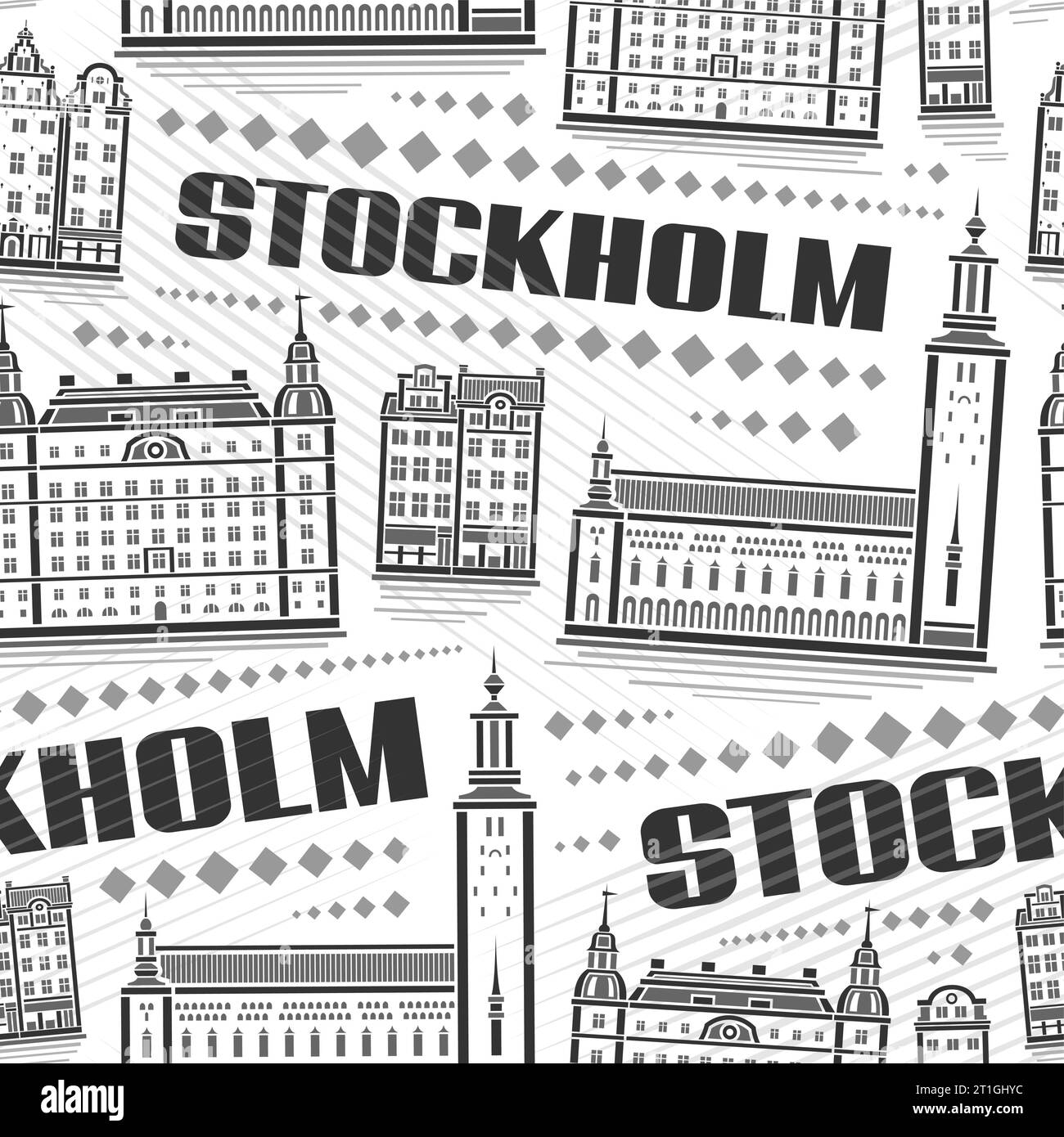 Vector Stockholm Seamless Pattern, square repeating background with illustration of famous european stockholm city scape on white background, monochro Stock Vector
