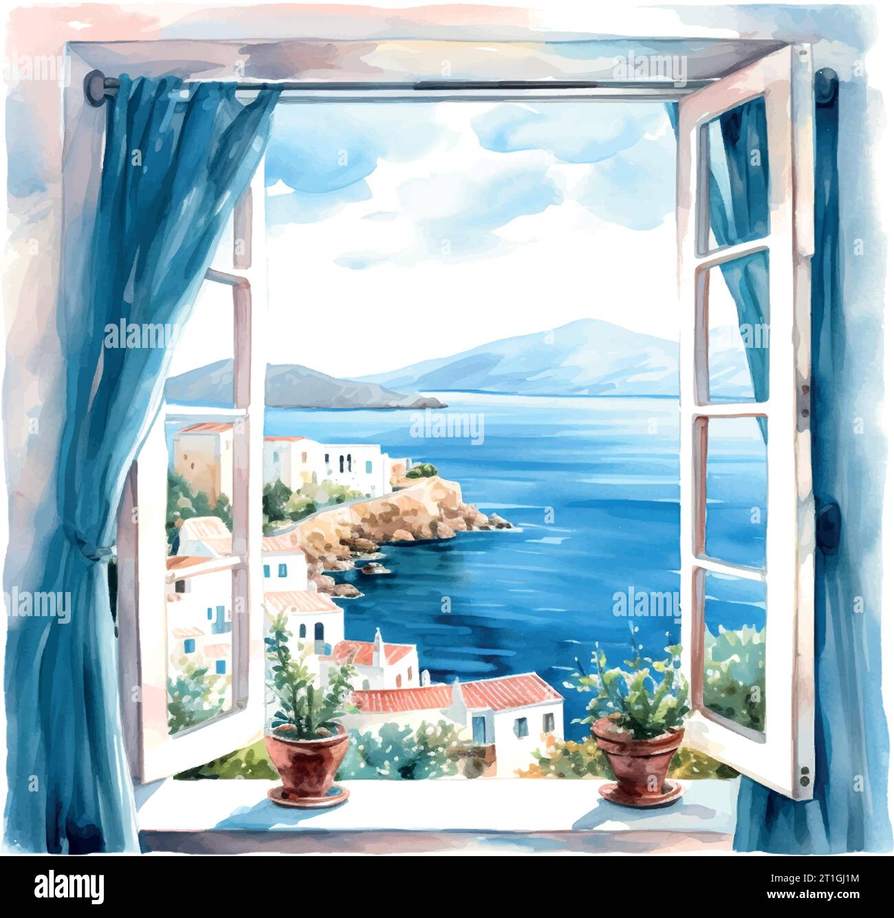 Vintage illustration with blue window sea greece watercolor Stock Vector