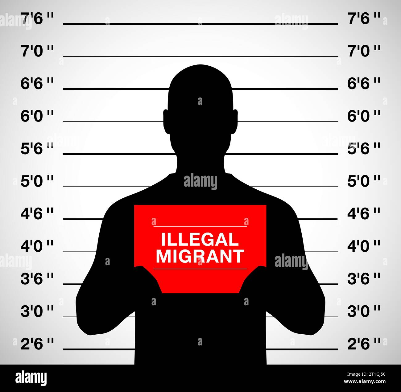 Illegal migrant man standing on a mugshot photo shooting background, vector illustration. Stock Vector