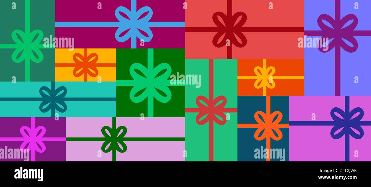 Colorful gift boxes seamless vector pattern. Holiday gifts background banner. Stock Vector