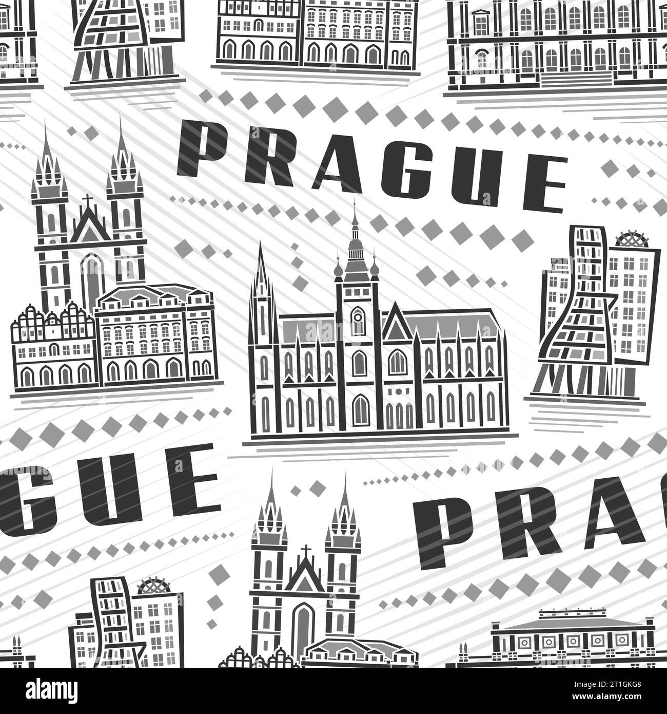 Vector Prague Seamless Pattern, square repeating background with illustration of famous european prague city scape on white background, grey monochrom Stock Vector