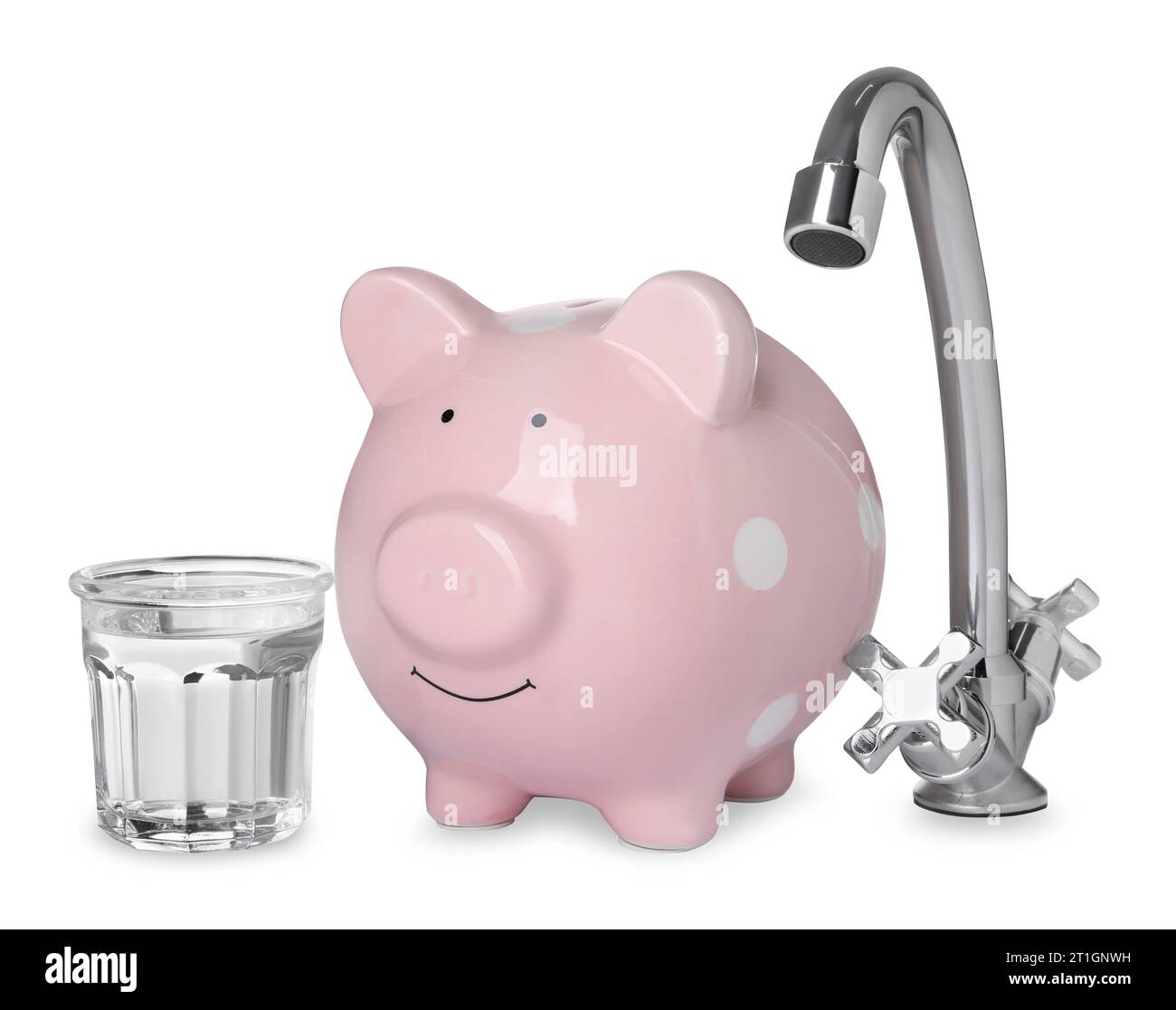 Water scarcity concept. Piggy bank, tap and glass of drink on white background Stock Photo