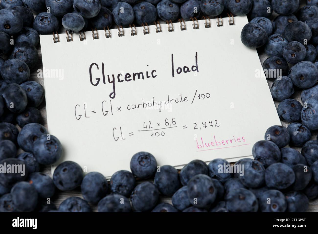 Notebook with calculated glycemic load for blueberries surrounded by fresh berries, closeup Stock Photo