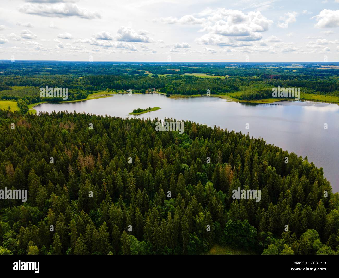 Aerial view of Ilgis Lake/Ežeras, next to Žemaitijos Nacionalinis Parkas near Beržoras, Lithuania. Stock Photo