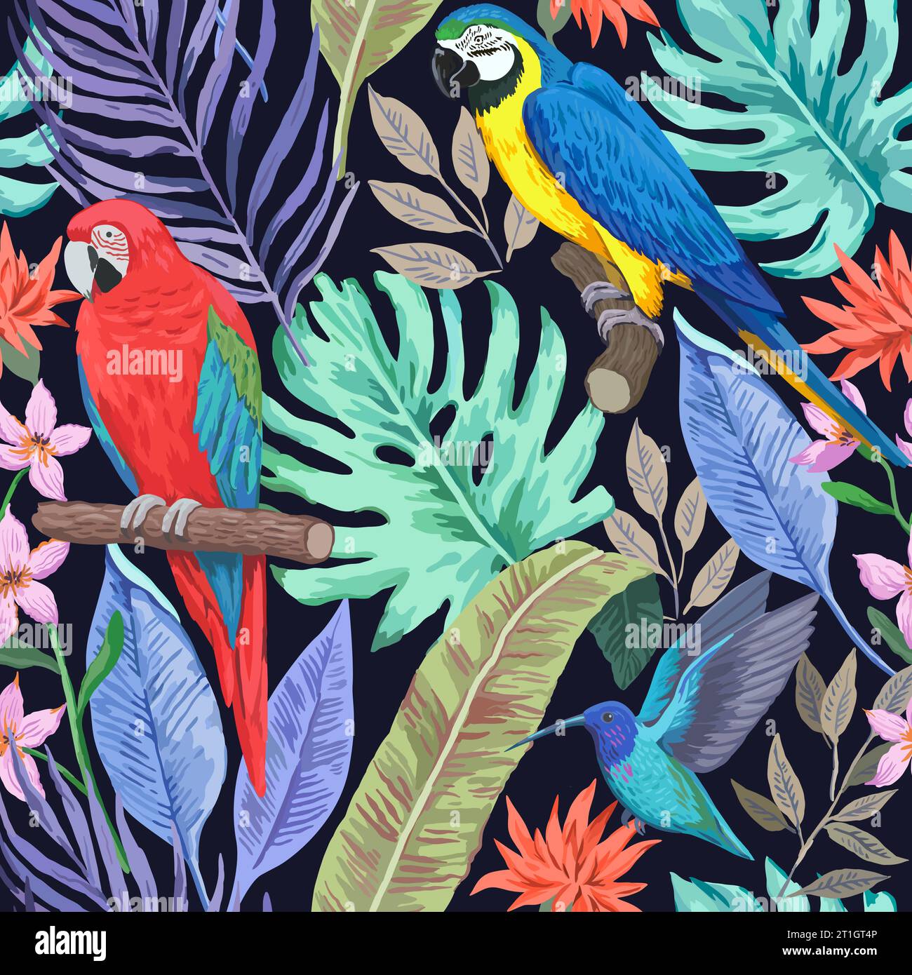 Colorful tropical seamless pattern with exotic birds and flowers. Vector illustration. Stock Vector