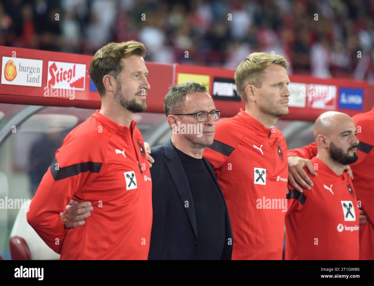 Vienna, Austria. 13th Oct, 2023. Austrian head coach Ralf Rangnick (2nd ...