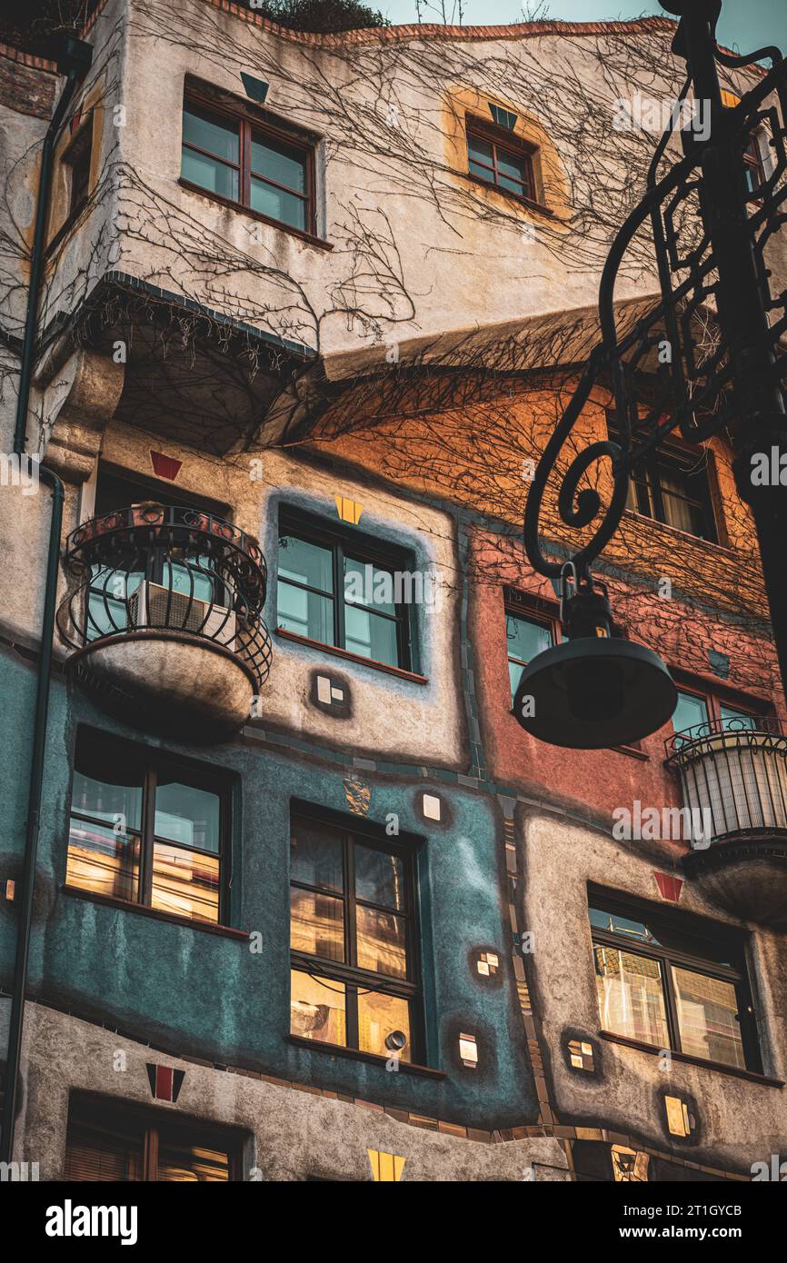 An exterior view of the iconic Hundertwasser House in Vienna, Austria Stock Photo