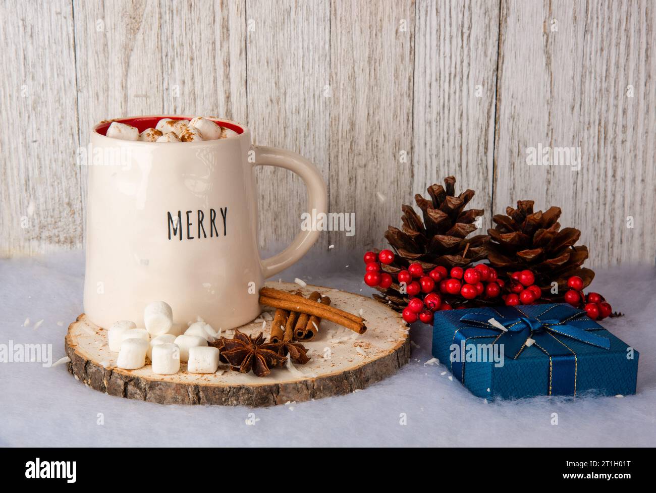 Hot chocolate with marshmallows on a black background Stock Photo