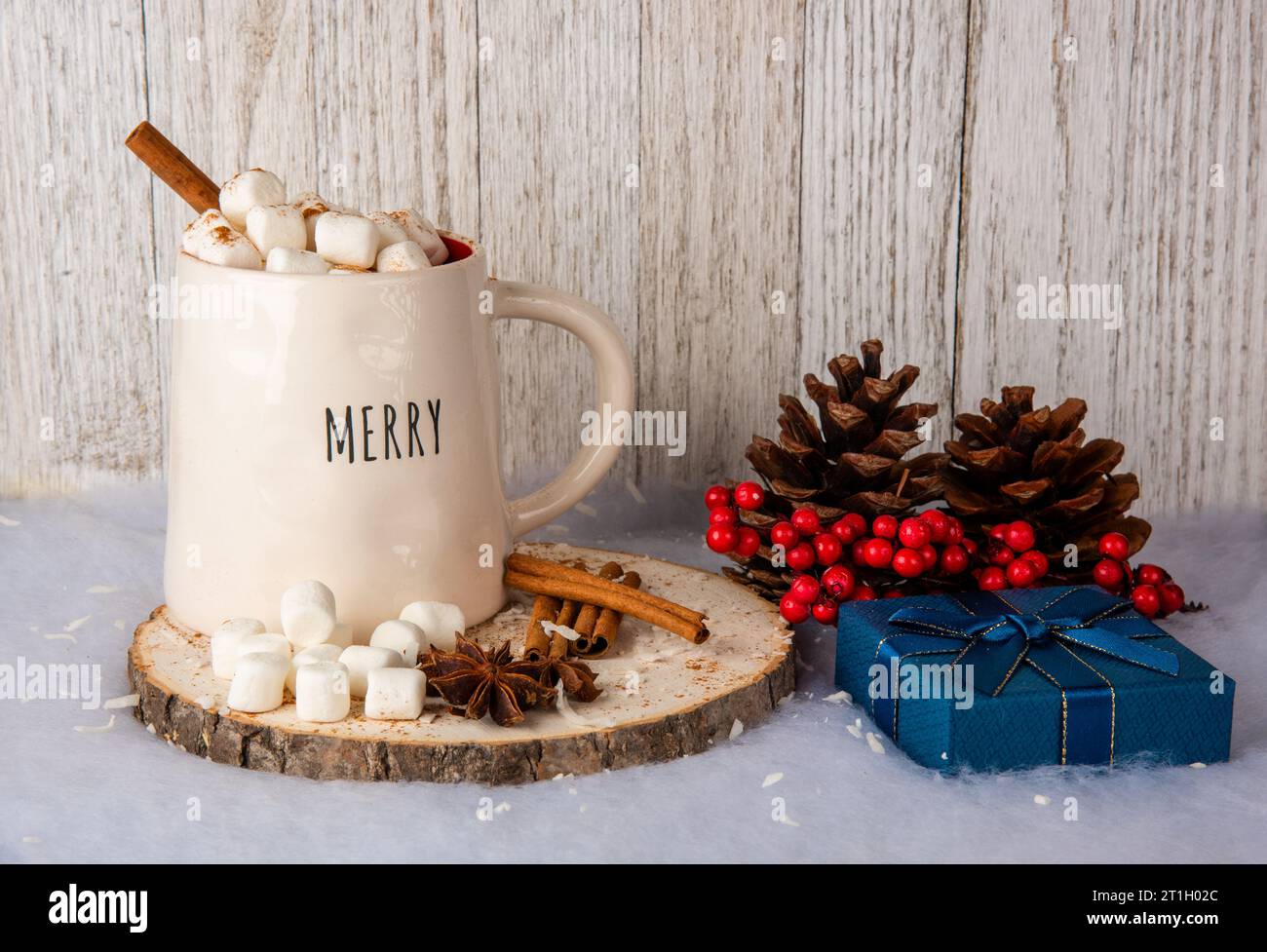 Hot chocolate with marshmallows on a black background Stock Photo