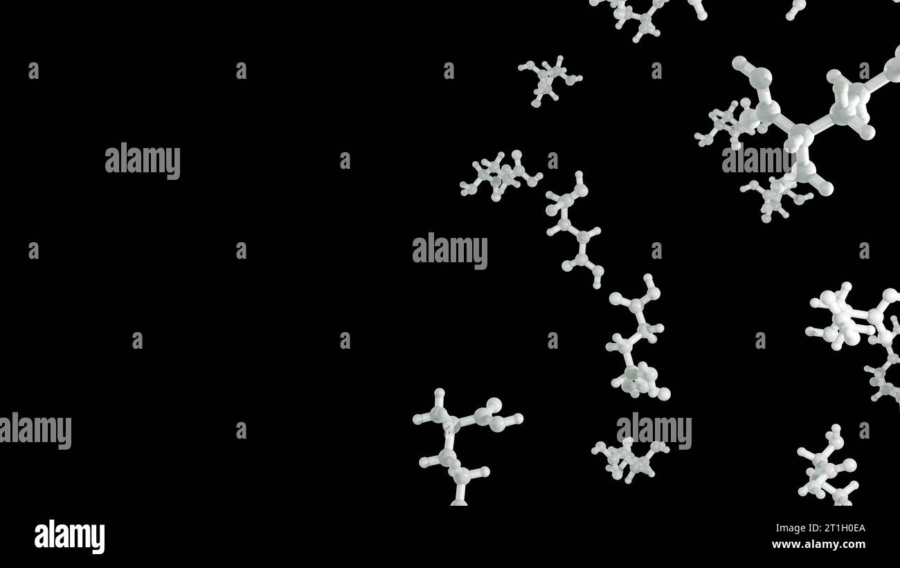Monosodium glutamate, MSG or sodium glutamate molecules. MSG is used in cooking as a flavor enhancer with an umami taste 3d rendering Stock Photo