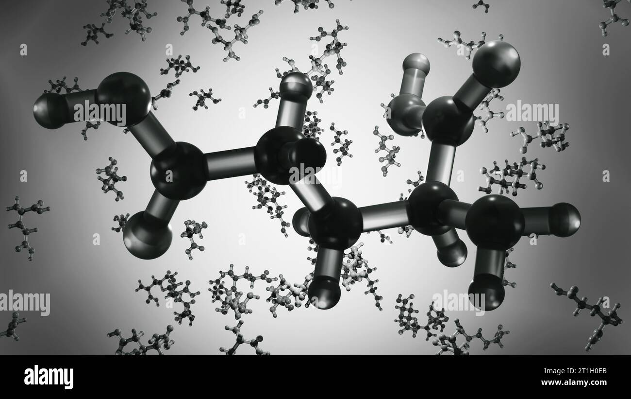 Monosodium glutamate, MSG or sodium glutamate molecules. MSG is used in cooking as a flavor enhancer with an umami taste 3d rendering Stock Photo